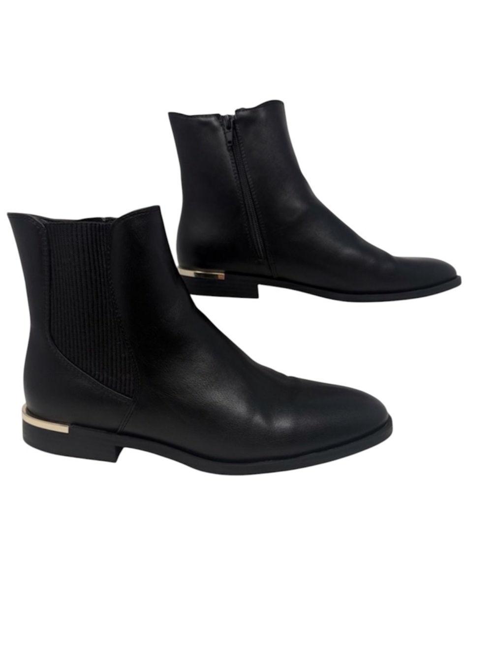 Nine West Aribel3 Black Faux Leather Chelsea Ankle Boots with Gold Accent Size 9